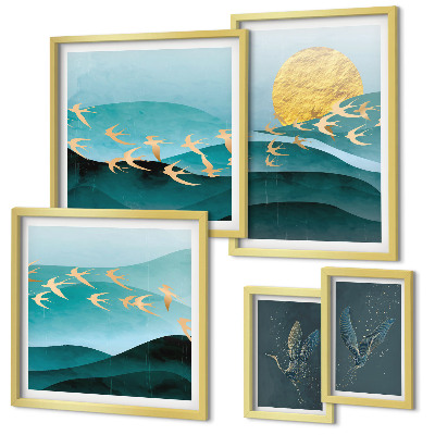 Conjunto de 5 quadros decorativos A harmonia entre pássaros e ondas em um estilo moderno.