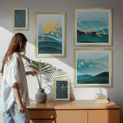 Conjunto de 5 quadros decorativos A harmonia entre pássaros e ondas em um estilo moderno.