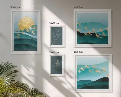 Conjunto de 5 quadros decorativos com a harmonia entre pássaros e ondas em estilo moderno