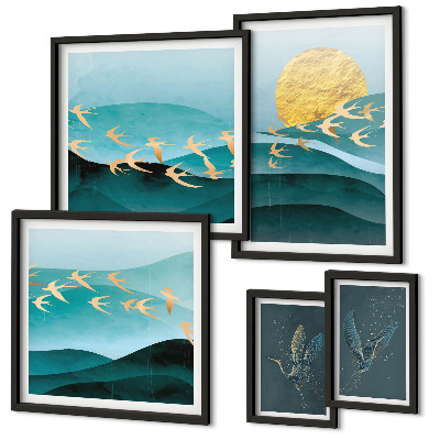 Conjunto de 5 quadros decorativos A harmonia entre pássaros e ondas em um estilo moderno.