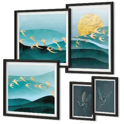 Conjunto de 5 quadros decorativos com a harmonia entre pássaros e ondas em estilo moderno