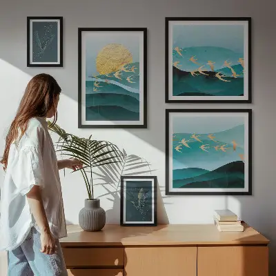 Conjunto de 5 quadros decorativos com a harmonia entre pássaros e ondas em estilo moderno