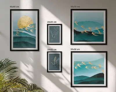 Conjunto de 5 quadros decorativos com a harmonia entre pássaros e ondas em estilo moderno