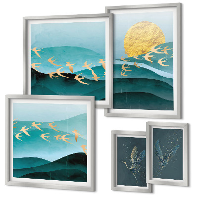 Conjunto de 5 quadros decorativos A harmonia entre pássaros e ondas em um estilo moderno.