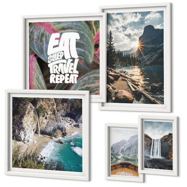 Conjunto de 5 quadros com moldura Paisagens de cachoeiras nas montanhas
