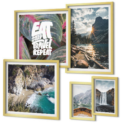 Conjunto de 5 quadros com moldura Paisagens de cachoeiras nas montanhas