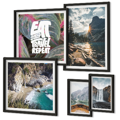 Conjunto de 5 quadros com moldura Paisagens de cachoeiras nas montanhas