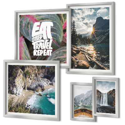Conjunto de 5 quadros com moldura Paisagens de cachoeiras nas montanhas