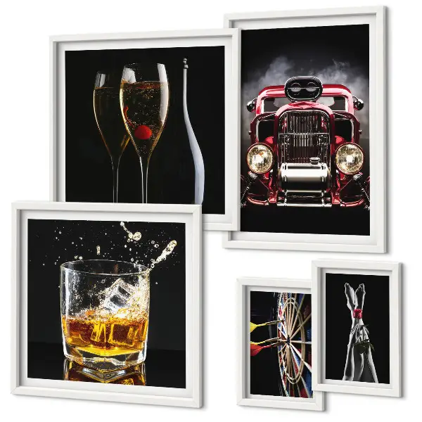 Conjunto de 5 quadros decorativos com temas de carros e bebidas em estilo retrô