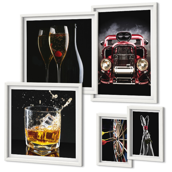 Conjunto de 5 quadros decorativos Temas estilosos de carros e bebidas retrô