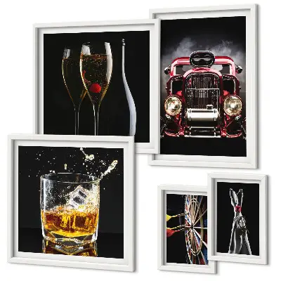 Conjunto de 5 quadros decorativos com temas de carros e bebidas em estilo retrô
