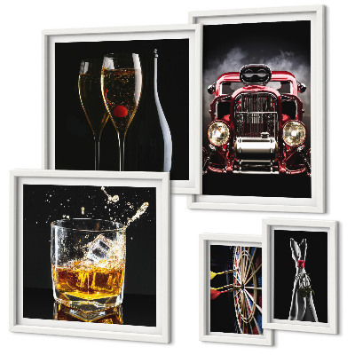 Conjunto de 5 quadros decorativos Temas estilosos de carros e bebidas retrô