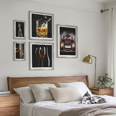 Conjunto de 5 quadros decorativos Temas estilosos de carros e bebidas retrô