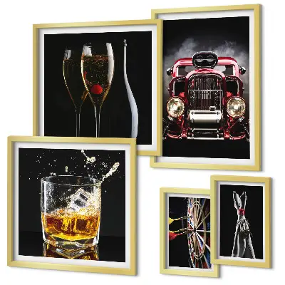 Conjunto de 5 quadros decorativos com temas de carros e bebidas em estilo retrô
