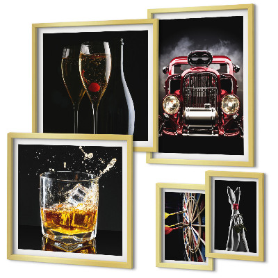 Conjunto de 5 quadros decorativos Temas estilosos de carros e bebidas retrô