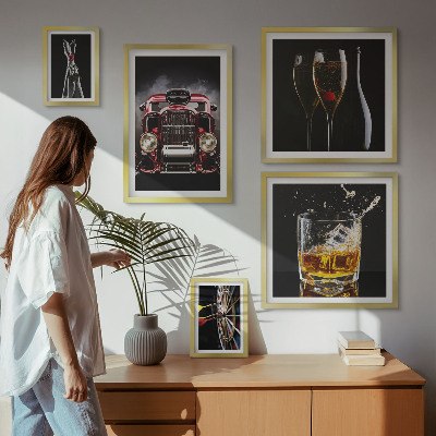 Conjunto de 5 quadros decorativos Temas estilosos de carros e bebidas retrô