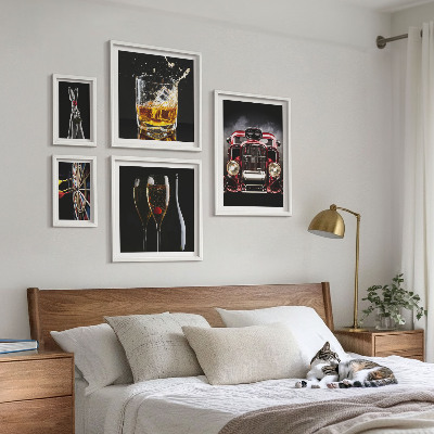 Conjunto de 5 quadros decorativos Temas estilosos de carros e bebidas retrô