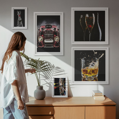 Conjunto de 5 quadros decorativos Temas estilosos de carros e bebidas retrô