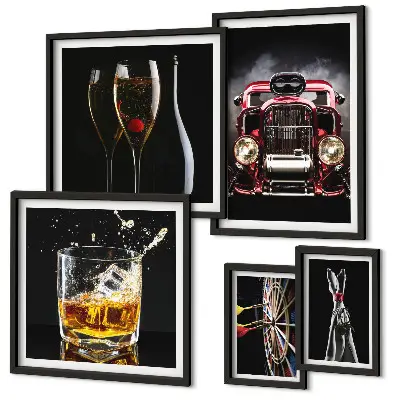 Conjunto de 5 quadros decorativos com temas de carros e bebidas em estilo retrô