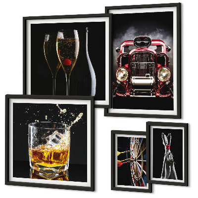 Conjunto de 5 quadros decorativos Temas estilosos de carros e bebidas retrô