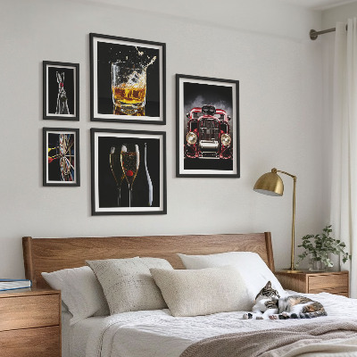 Conjunto de 5 quadros decorativos Temas estilosos de carros e bebidas retrô