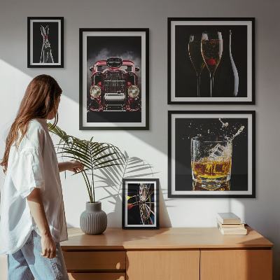 Conjunto de 5 quadros decorativos Temas estilosos de carros e bebidas retrô