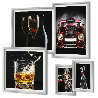 Conjunto de 5 quadros decorativos com temas de carros e bebidas em estilo retrô