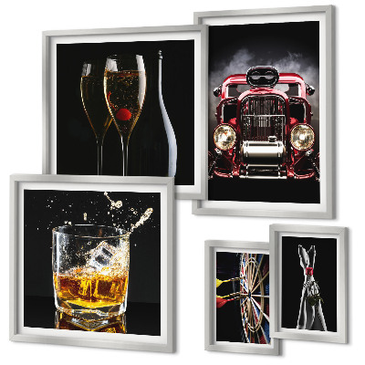 Conjunto de 5 quadros decorativos Temas estilosos de carros e bebidas retrô