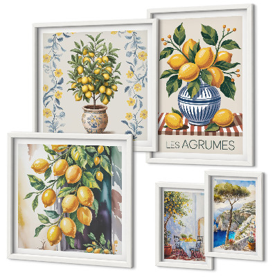 Conjunto de 5 quadros com moldura cítricos ao estilo mediterrâneo