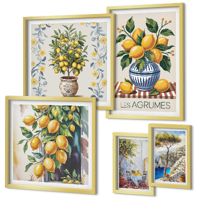 Conjunto de 5 quadros com moldura cítricos ao estilo mediterrâneo