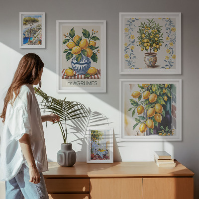 Conjunto de 5 quadros com moldura cítricos ao estilo mediterrâneo
