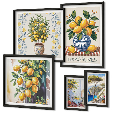Conjunto de 5 quadros com moldura cítricos ao estilo mediterrâneo
