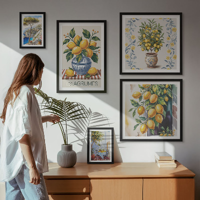 Conjunto de 5 quadros com moldura cítricos ao estilo mediterrâneo