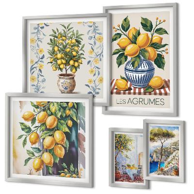 Conjunto de 5 quadros com moldura cítricos ao estilo mediterrâneo