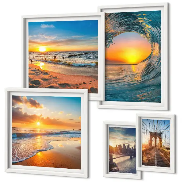 Conjunto de 5 quadros decorativos pôr do sol com pontes da cidade no mar