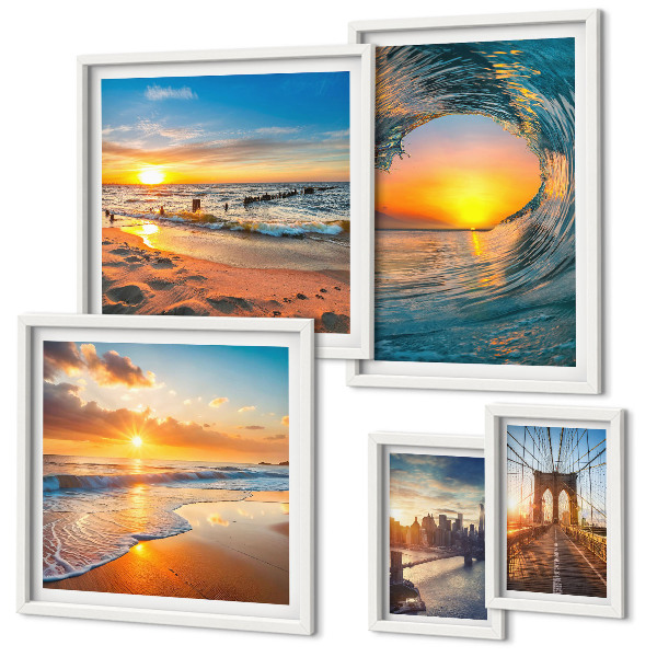 Conjunto de 5 quadros decorativos pôr do sol no mar pontes da cidade