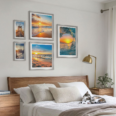 Conjunto de 5 quadros decorativos pôr do sol no mar pontes da cidade