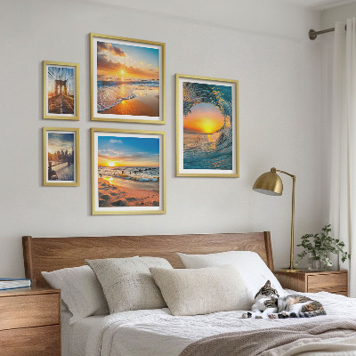 Conjunto de 5 quadros decorativos pôr do sol no mar pontes da cidade