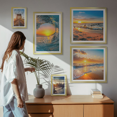 Conjunto de 5 quadros decorativos pôr do sol no mar pontes da cidade
