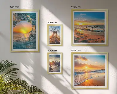 Conjunto de 5 quadros decorativos pôr do sol com pontes da cidade no mar