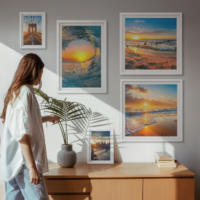 Conjunto de 5 quadros decorativos pôr do sol no mar pontes da cidade