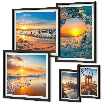 Conjunto de 5 quadros decorativos pôr do sol no mar pontes da cidade