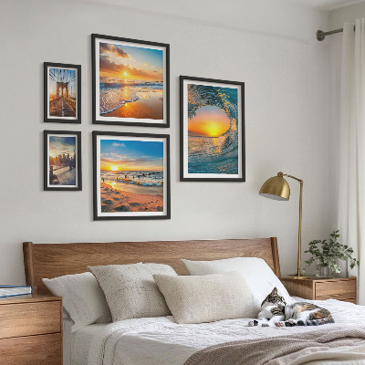 Conjunto de 5 quadros decorativos pôr do sol no mar pontes da cidade