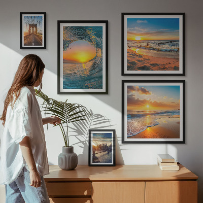 Conjunto de 5 quadros decorativos pôr do sol no mar pontes da cidade