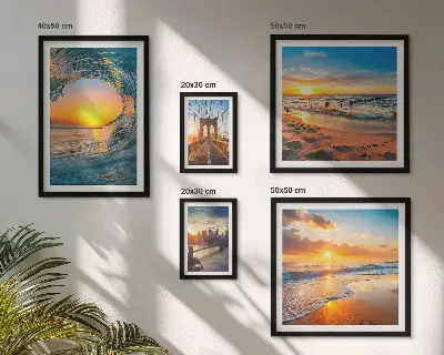 Conjunto de 5 quadros decorativos pôr do sol com pontes da cidade no mar