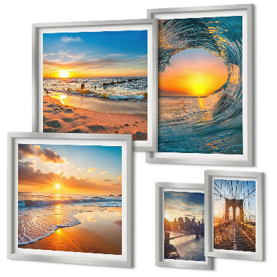 Conjunto de 5 quadros decorativos pôr do sol no mar pontes da cidade