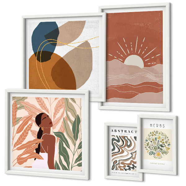 Conjunto de 5 quadros com moldura Motivos abstratos de plantas em estilo boho