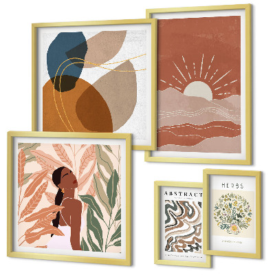 Conjunto de 5 quadros com moldura Motivos abstratos de plantas em estilo boho
