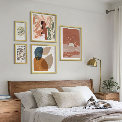 Conjunto de 5 quadros com moldura Motivos abstratos de plantas em estilo boho