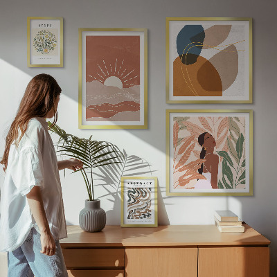 Conjunto de 5 quadros com moldura Motivos abstratos de plantas em estilo boho